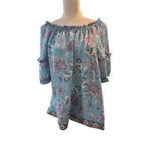 Floral Off‎ Shoulder Top Blue Purple Ruffle Sleeve Bohemian Blouse